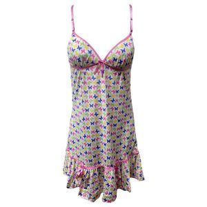 Inteco Womens Babydoll Chemise White Pink Butterfly Print Stretch Ruffles Bow L